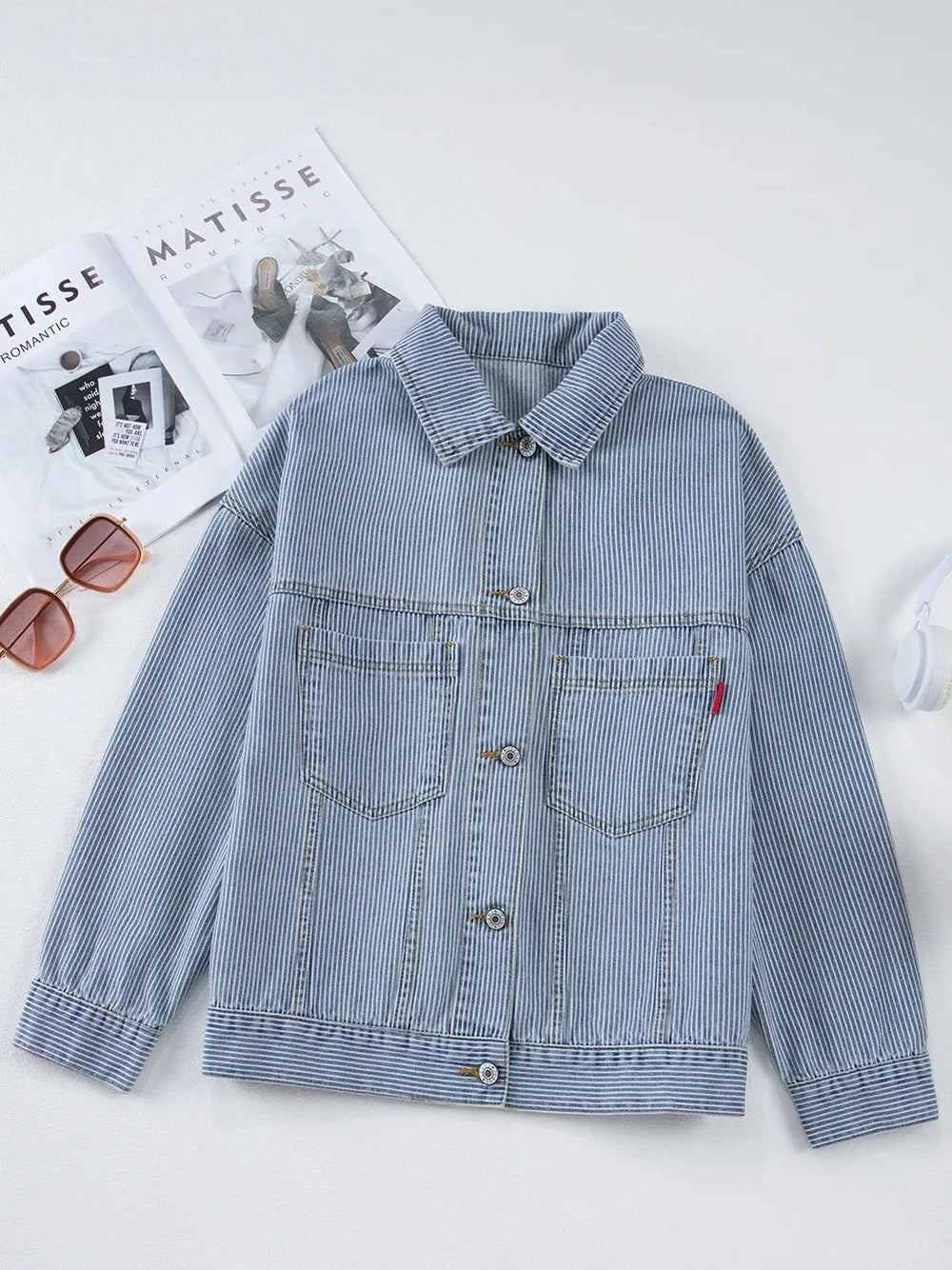Striped Button Up Long Sleeve Denim Jacket nicholesgifts