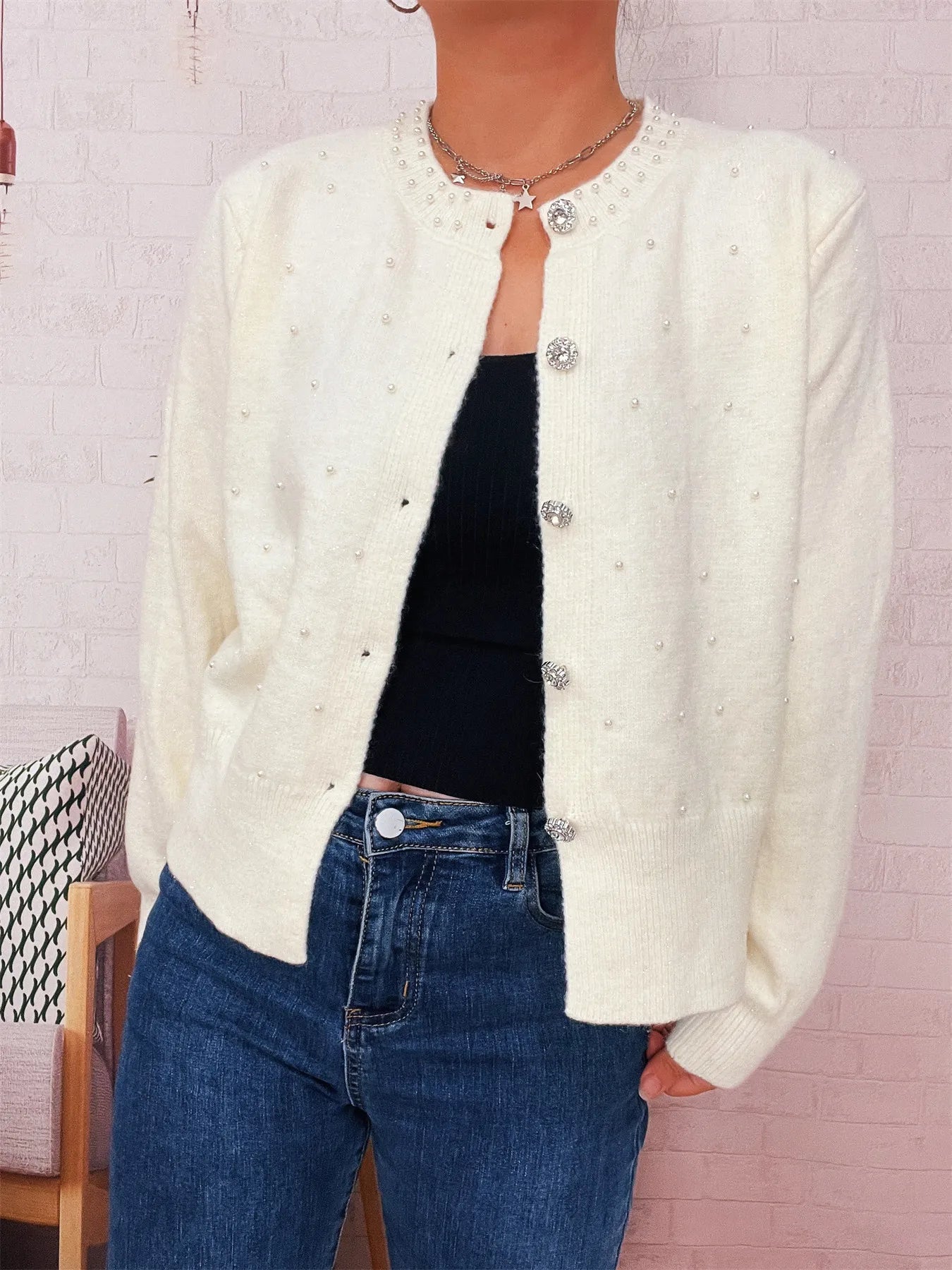 Pearl Detail Button-Front Cardigan NicholesGifts