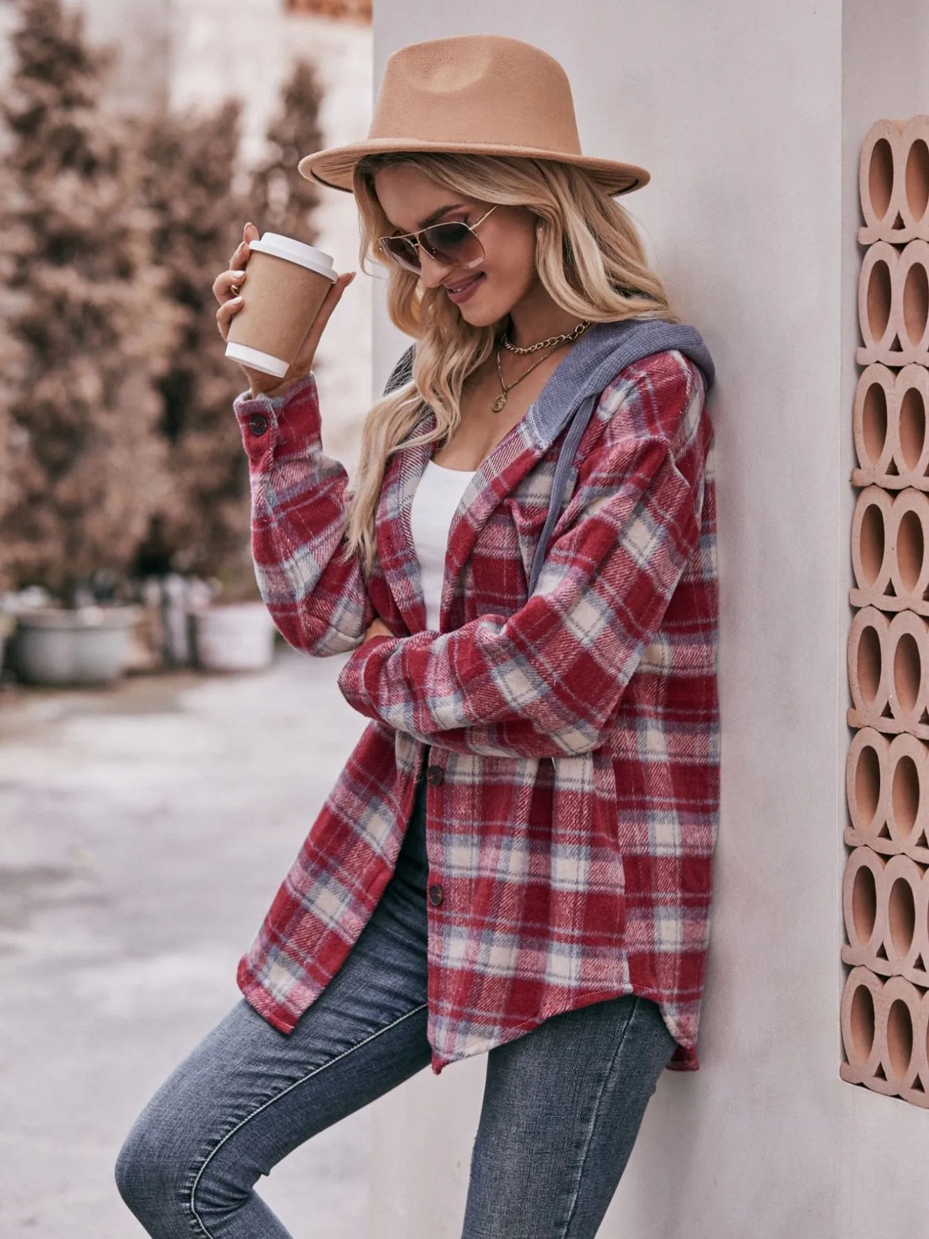 Oversized Plaid Button Up Shacket Trendsi