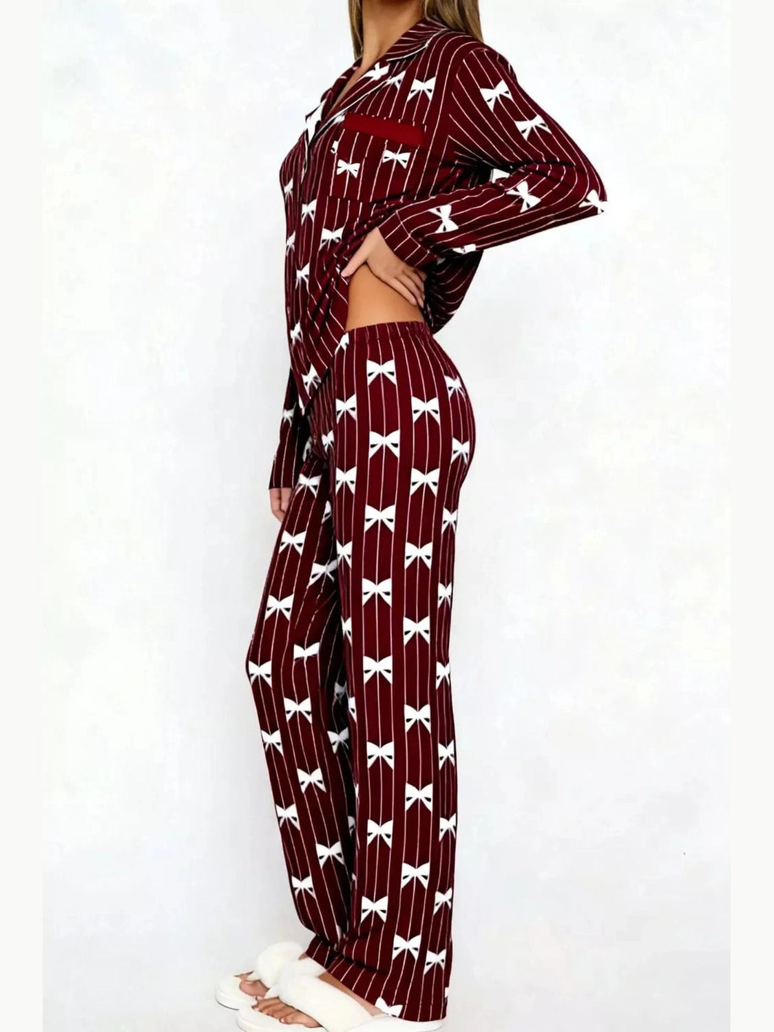 Bow Print Top and Wide Leg Pants Lounge Set nicholesgifts