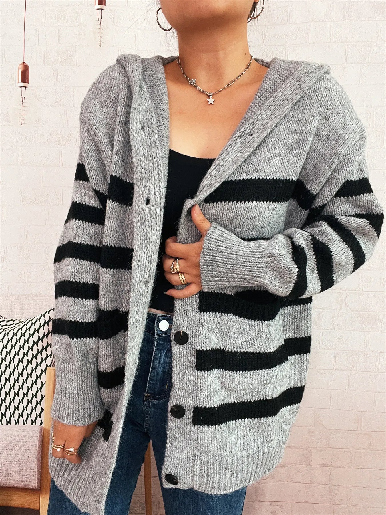 Striped Button-Up Hooded Cardigan