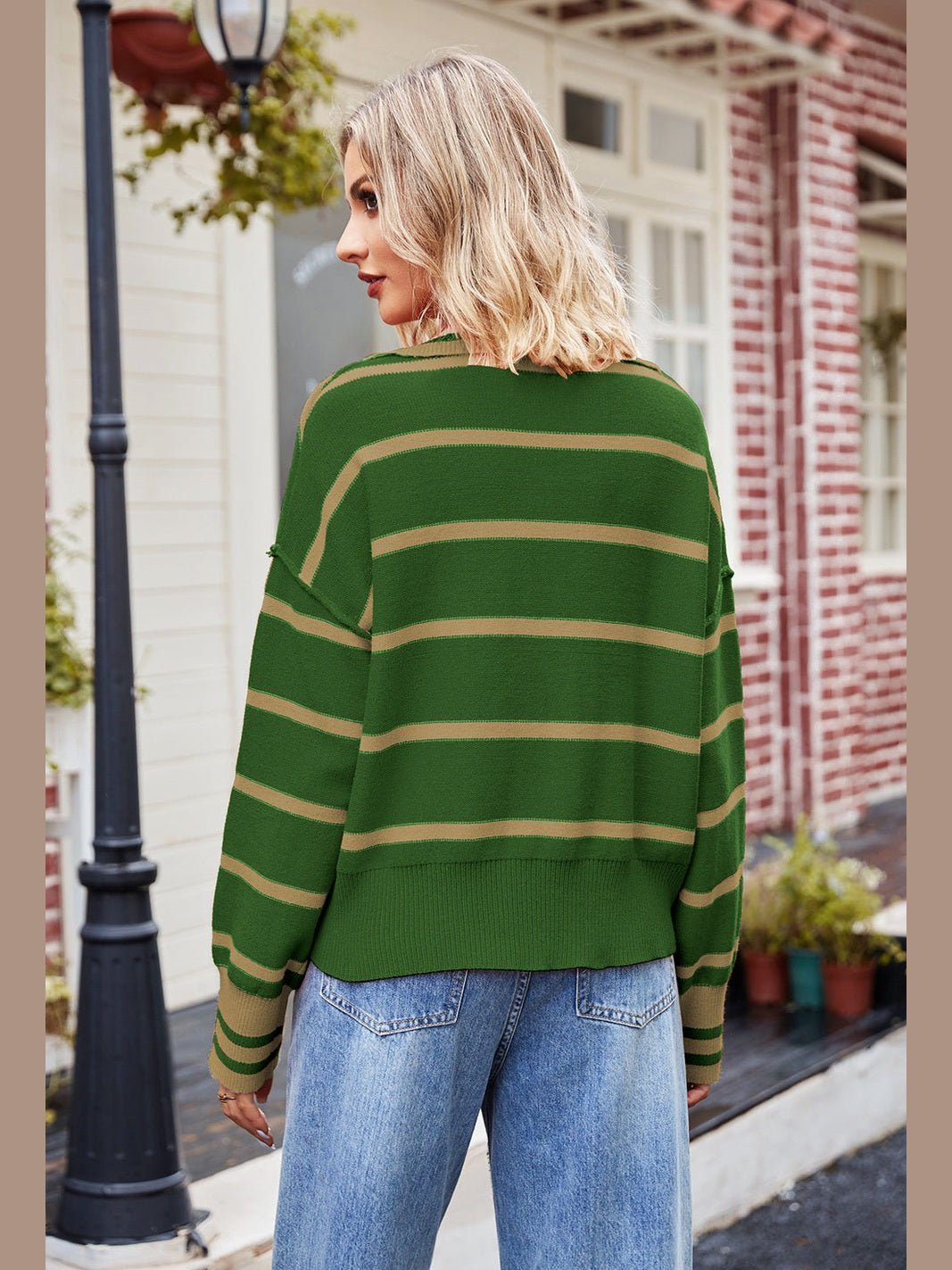 Striped Johnny Collar Sweater Trendsi