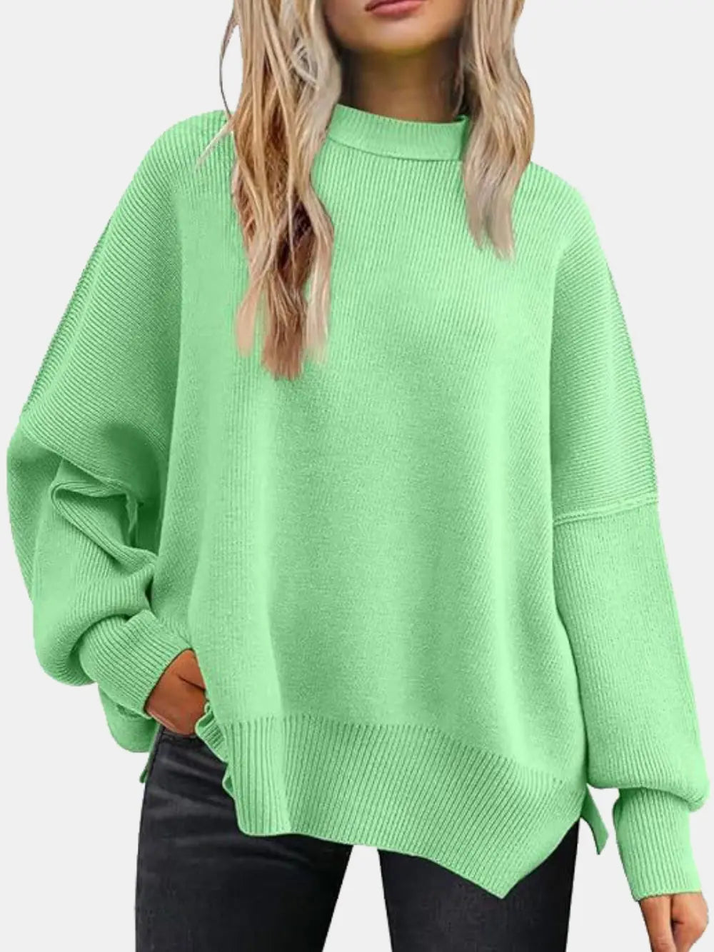 Round Neck Drop Shoulder Slit Sweater Trendsi