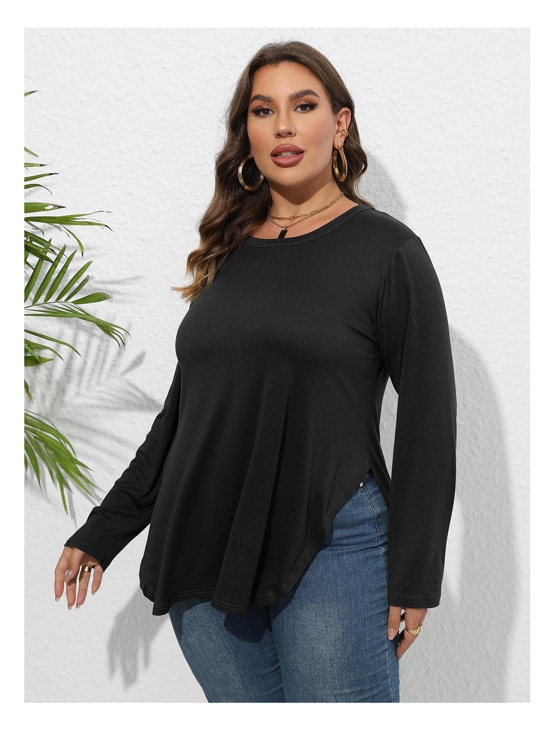 Women Plus Size Round Neck Long Sleeve Slit T-Shirt nicholesgifts