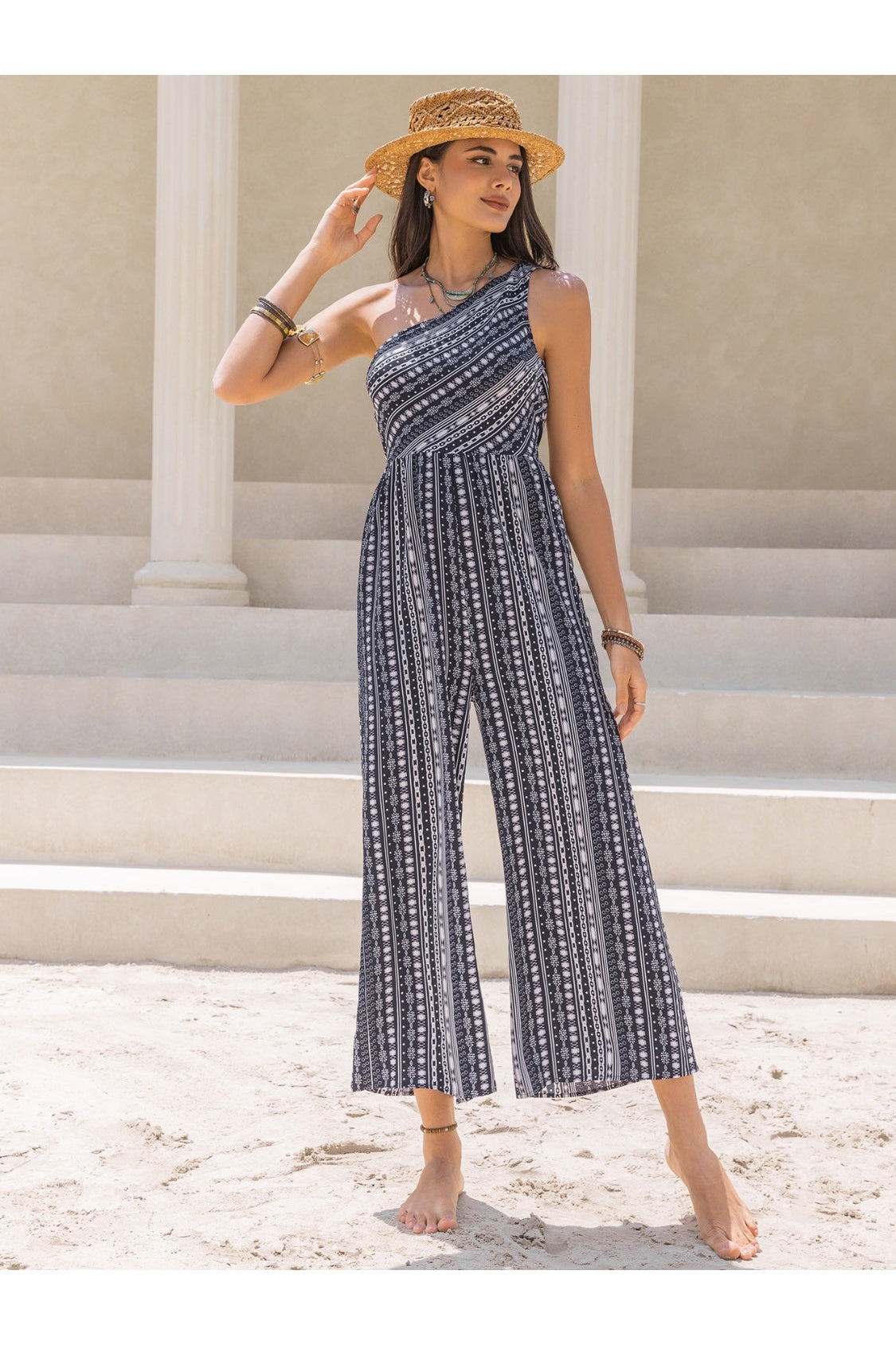 Printed Single Shoulder Sleeveless Jumpsuit nicholesgifts