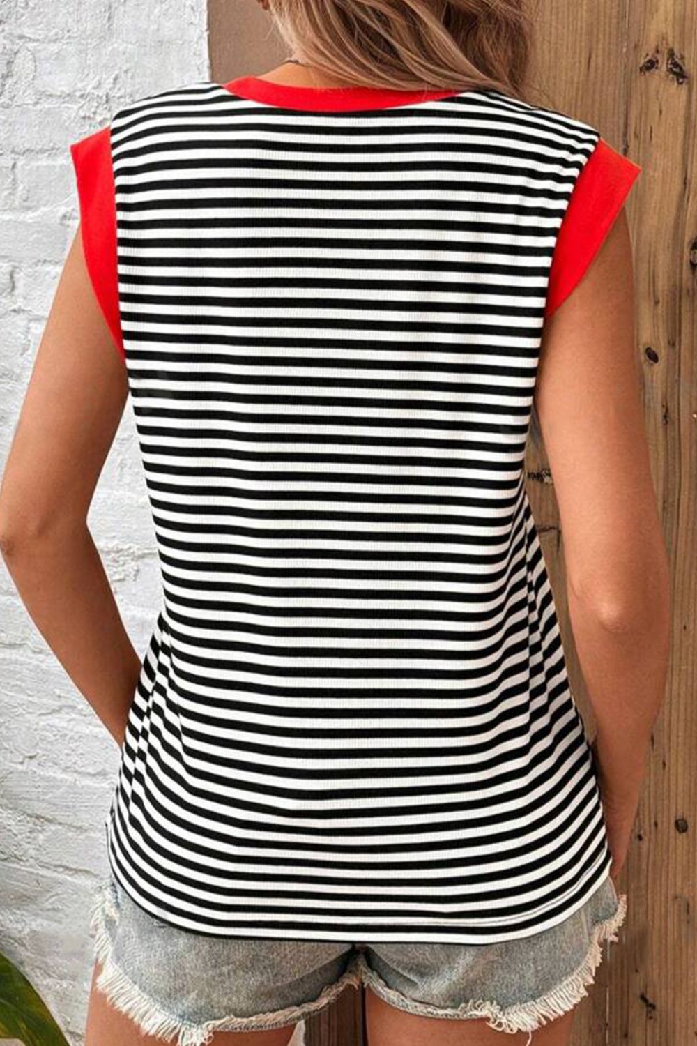 Striped Round Neck Cap Sleeve Top nicholesgifts