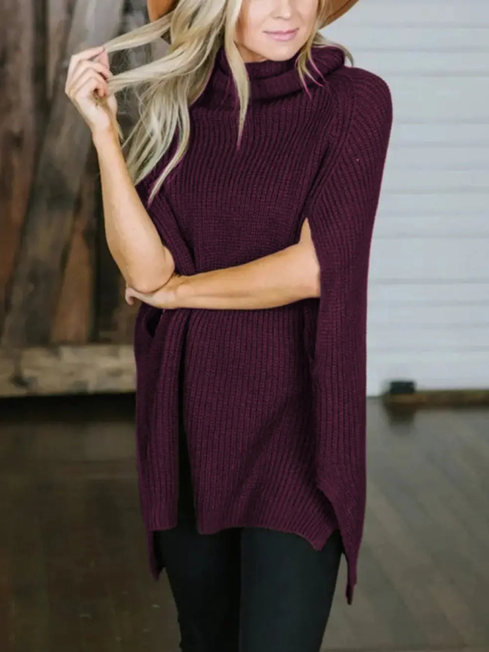 Turtleneck Slit Sweater Trendsi