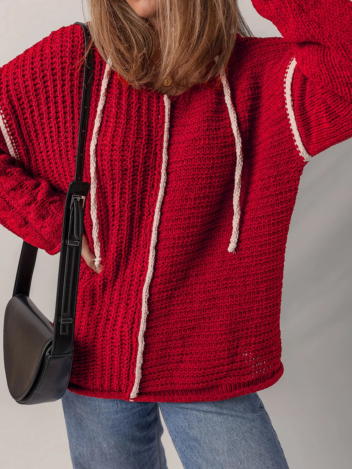 Contrast Trim Textured Knit Drawstring Hooded Sweater