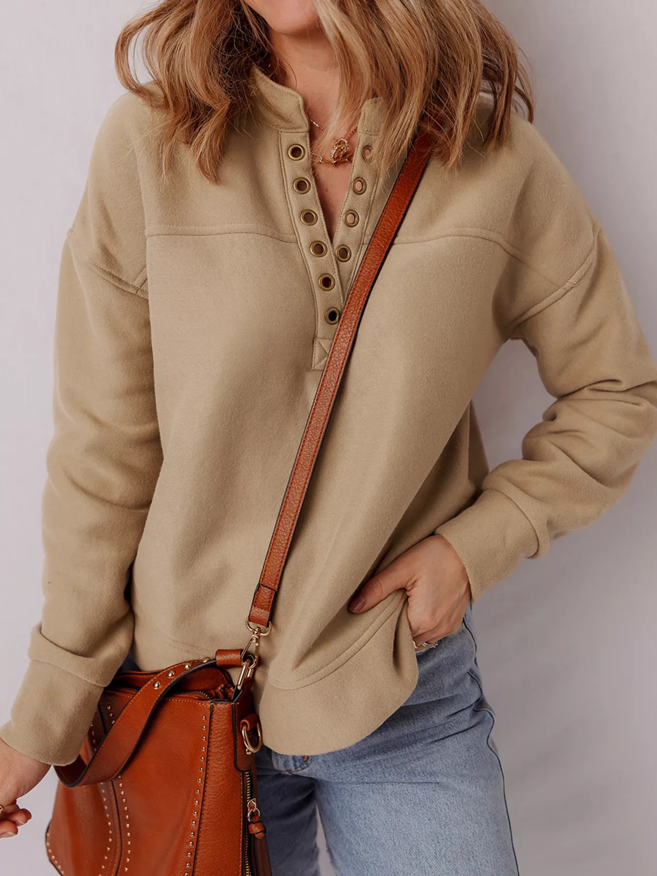 Grommet Detail V Neck Sweatshirt nicholesgifts