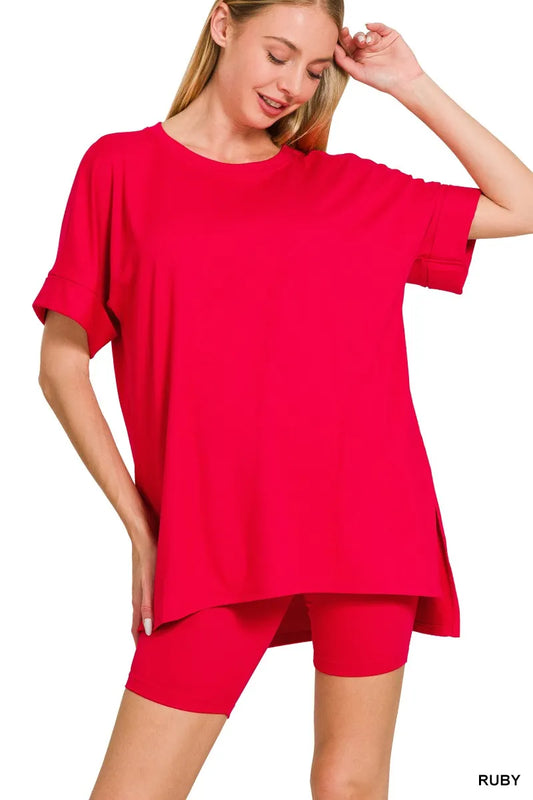Zenana Full Size Brushed Dty Microfiber Round Neck Top and Biker Shorts Set Plus Size Trendsi