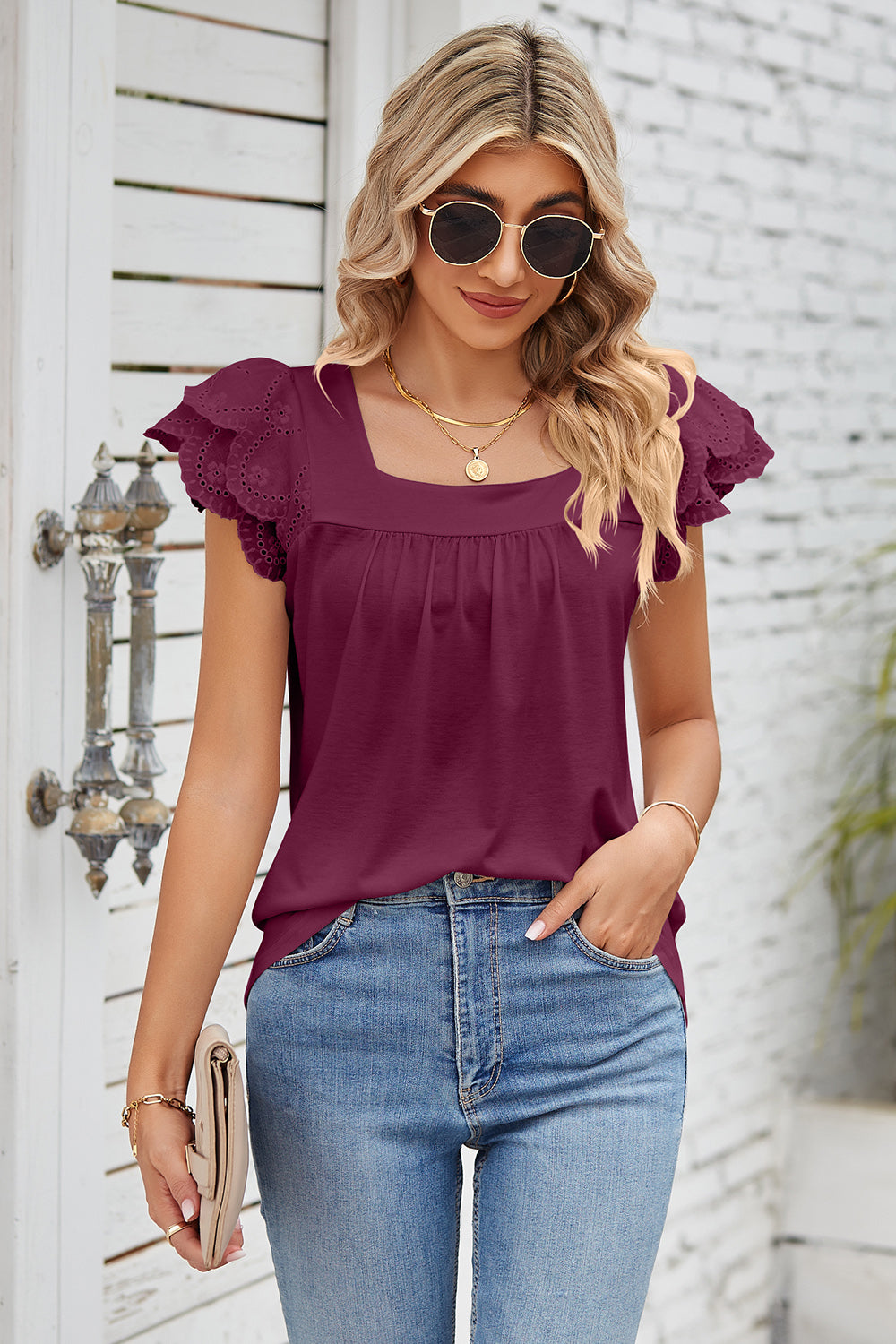 Eyelet Square Neck Cap Sleeve Blouse nicholesgifts