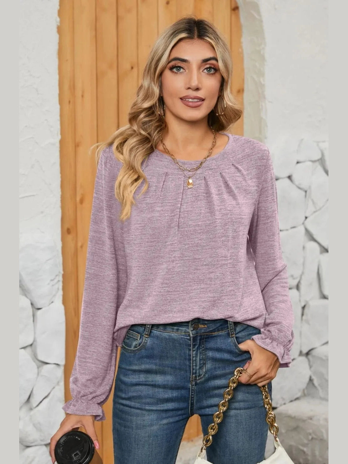 Ruched Round Neck Flounce Sleeve T-Shirt NicholesGifts