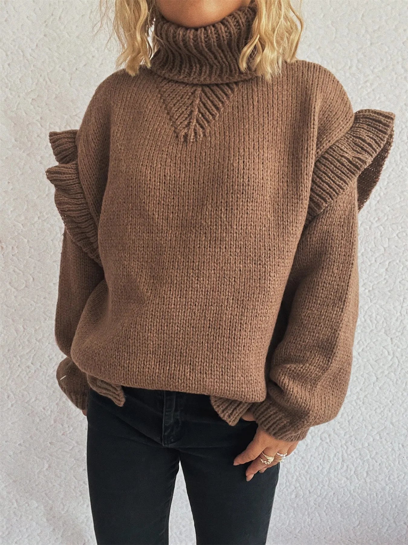 Women Ruffled Turtleneck Long Sleeve Sweater