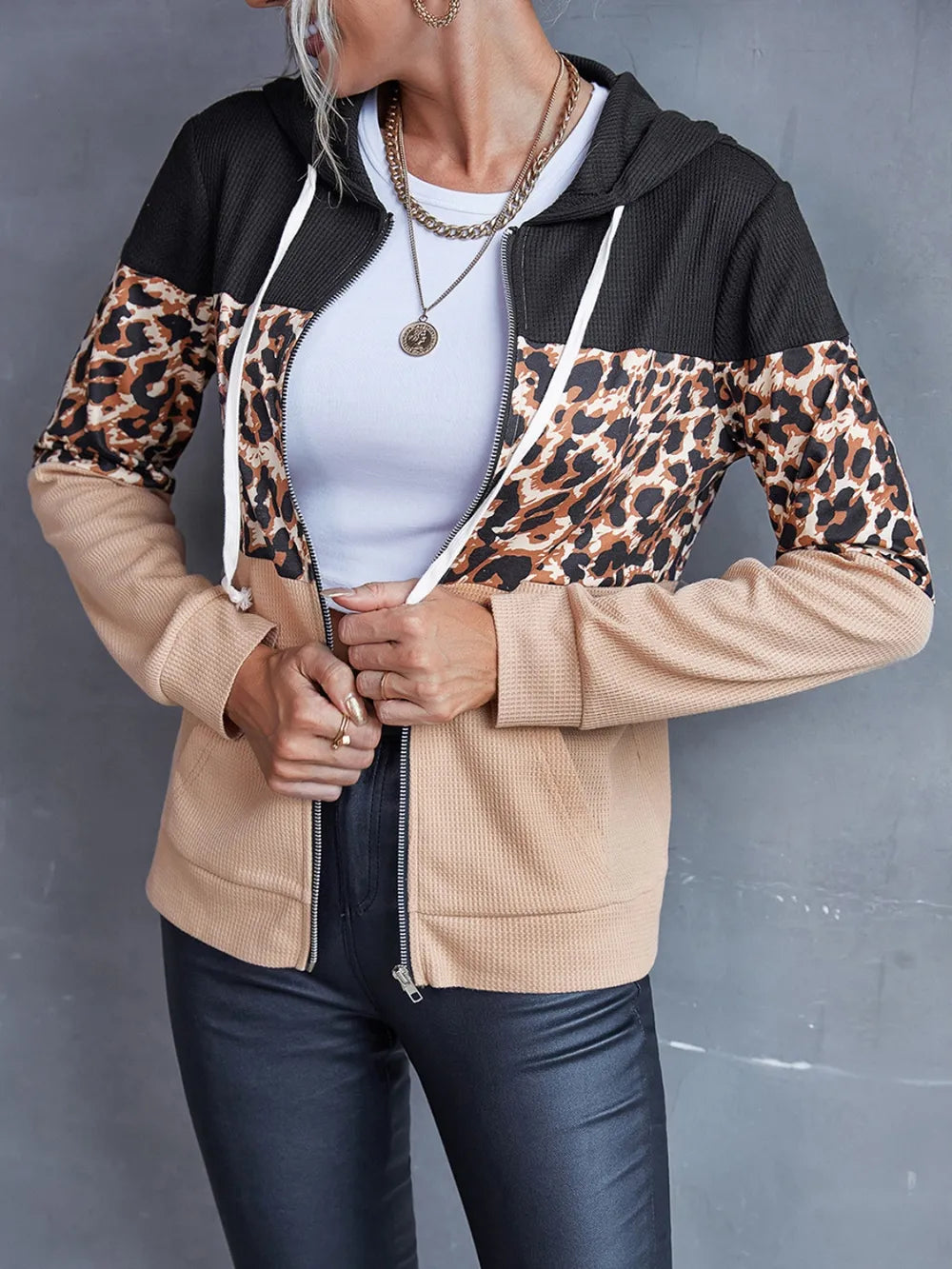 Ivy Lane Drawstring Leopard Zip Up Hooded Jacket nicholesgifts