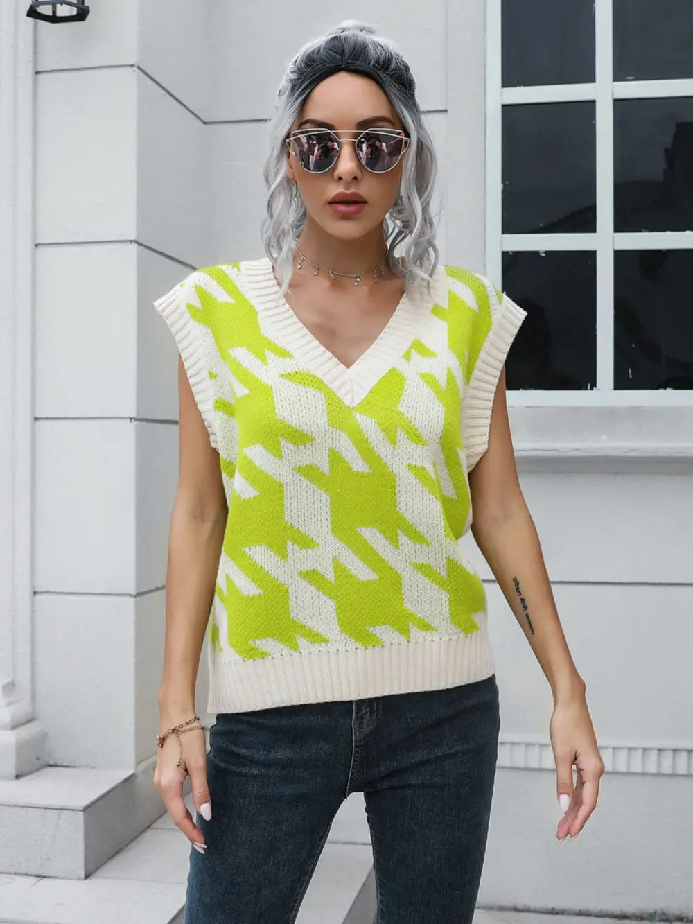 Houndstooth V-Neck Sweater Vest Trendsi