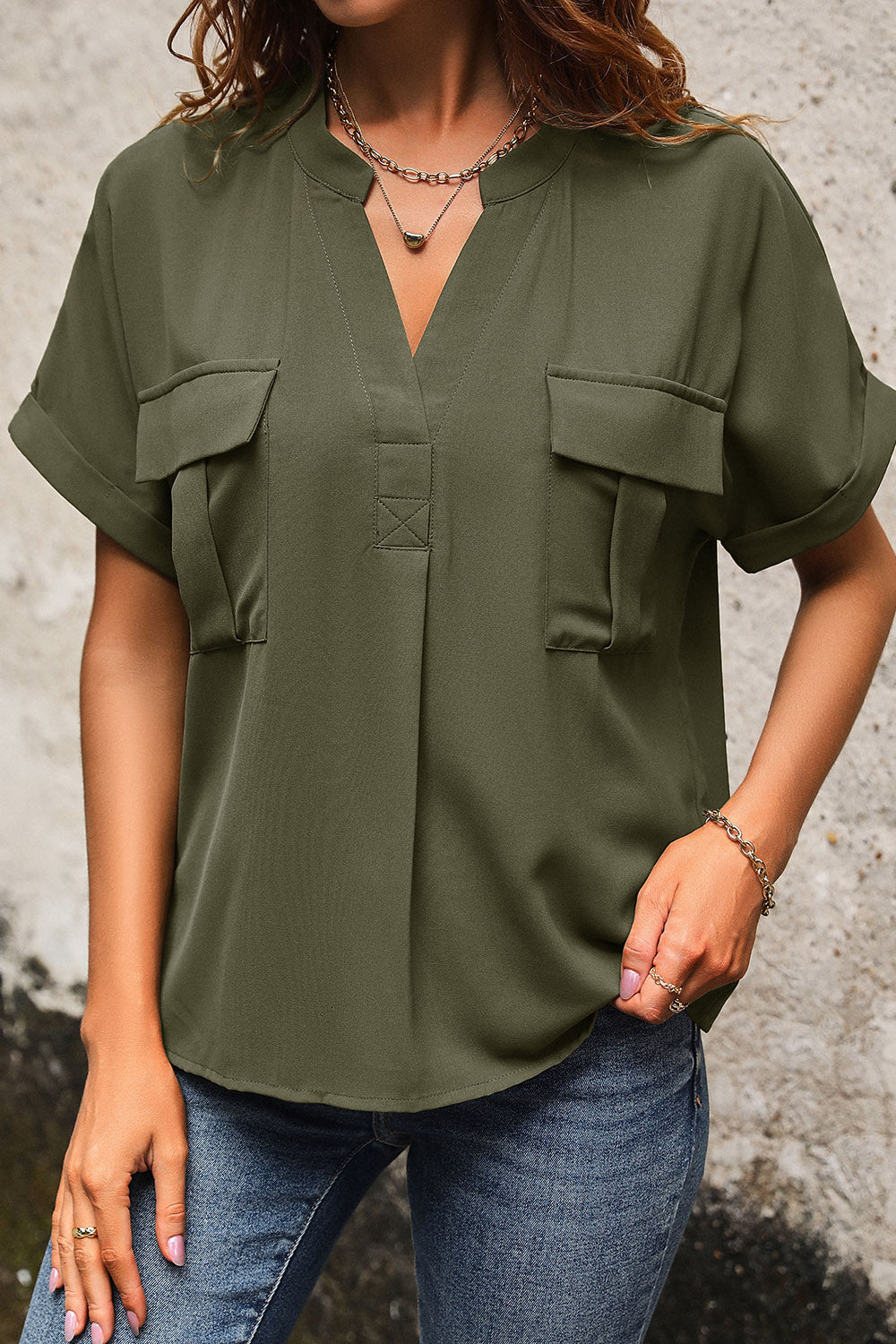 Pocketed Notched Short Sleeve Blouse nicholesgifts