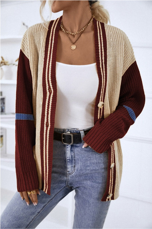 Women Contrast Button Up Dropped Shoulder Cardigan NicholesGifts