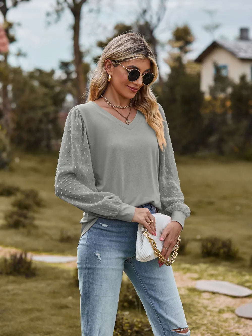 Swiss Dot V-Neck Long Sleeve Blouse NicholesGifts
