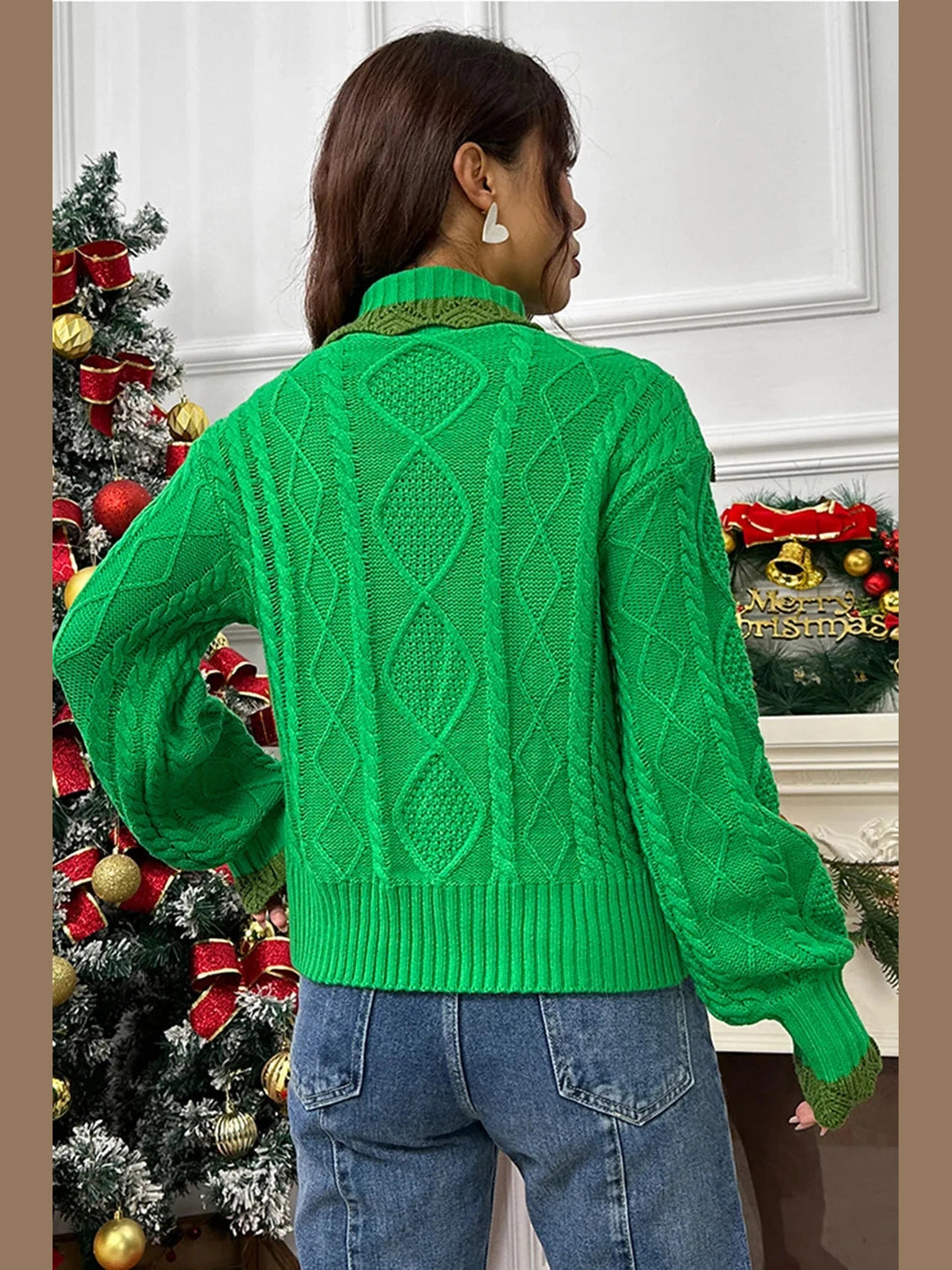 Cable-Knit Ruffled Mock Neck Lantern Sleeve Sweater Trendsi