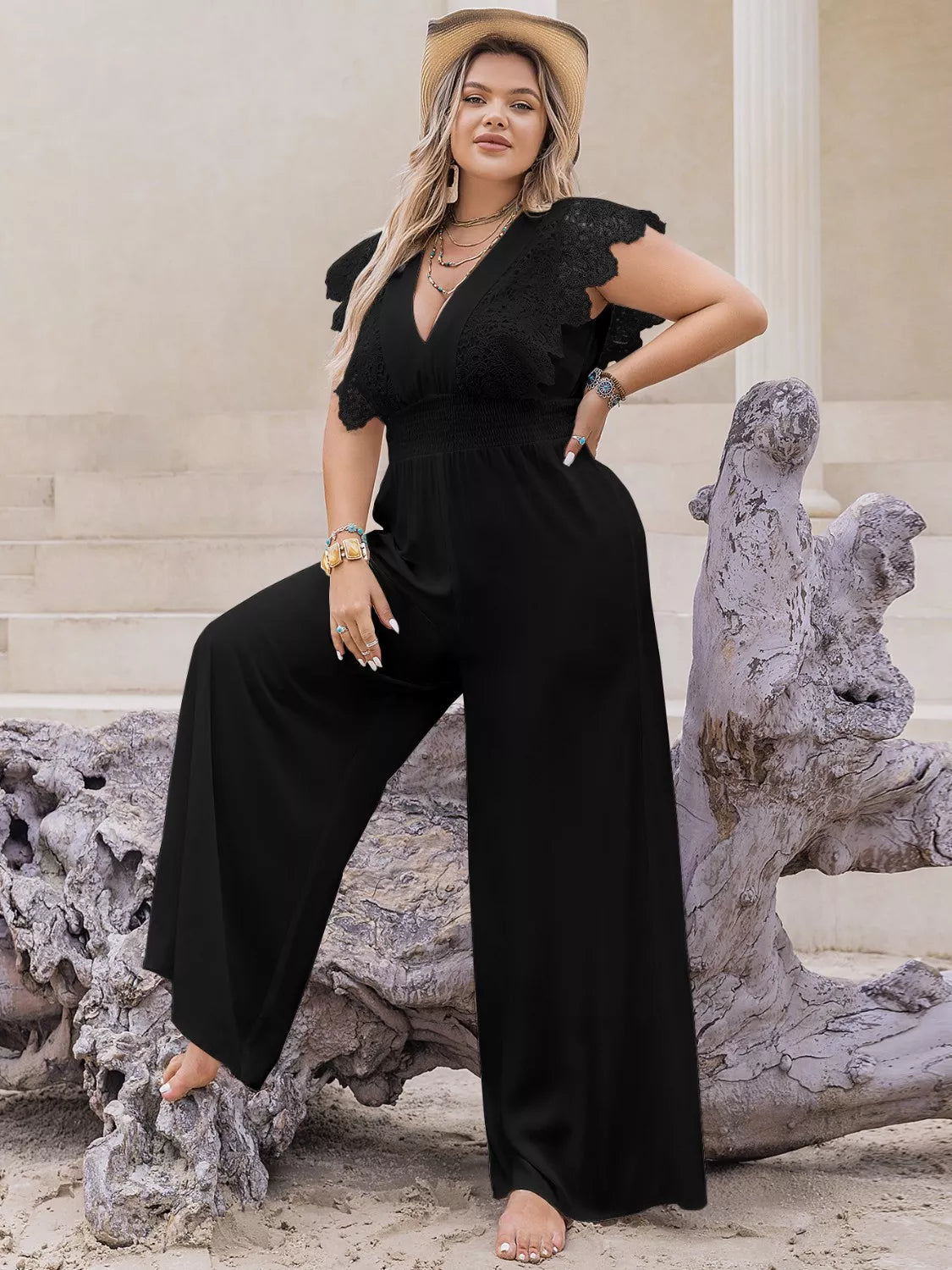 Plus Size Lace Cap Sleeve Wide Leg Jumpsuit nicholesgifts