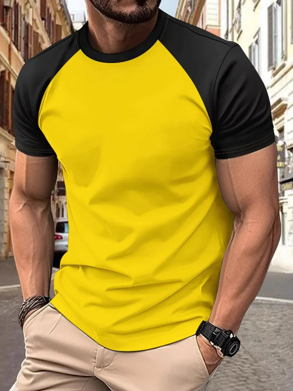 Men's Full Size Round Neck Contrast T-Shirt Plus Size Trendsi