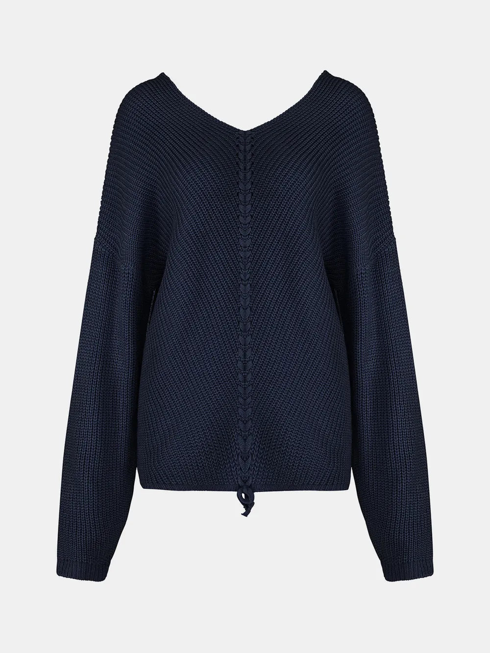 Full Size Lace Up V-Neck Long Sleeve Sweater Trendsi
