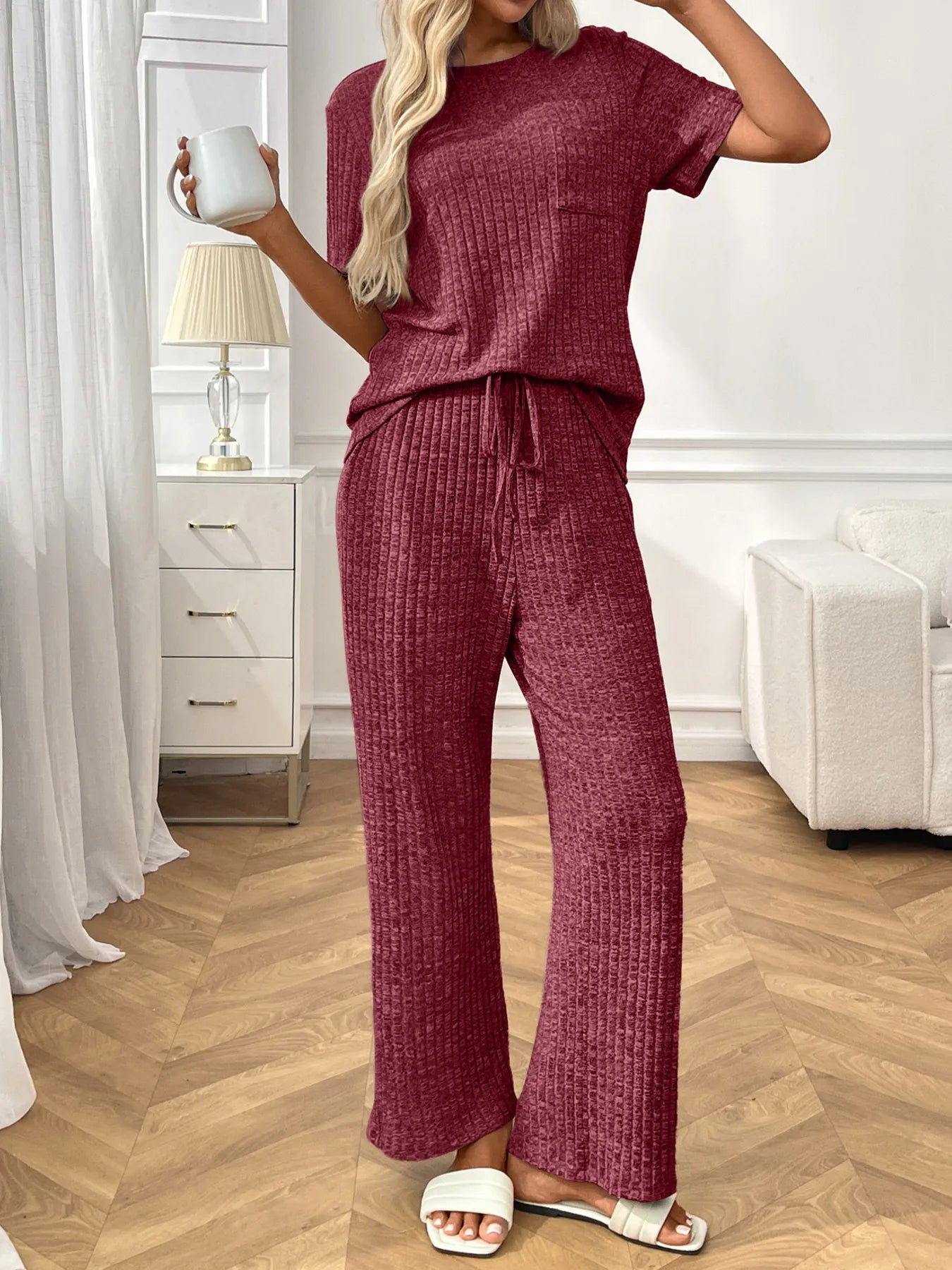 Ribbed Knit Short Sleeve Top and Pants Lounge Set nicholesgifts