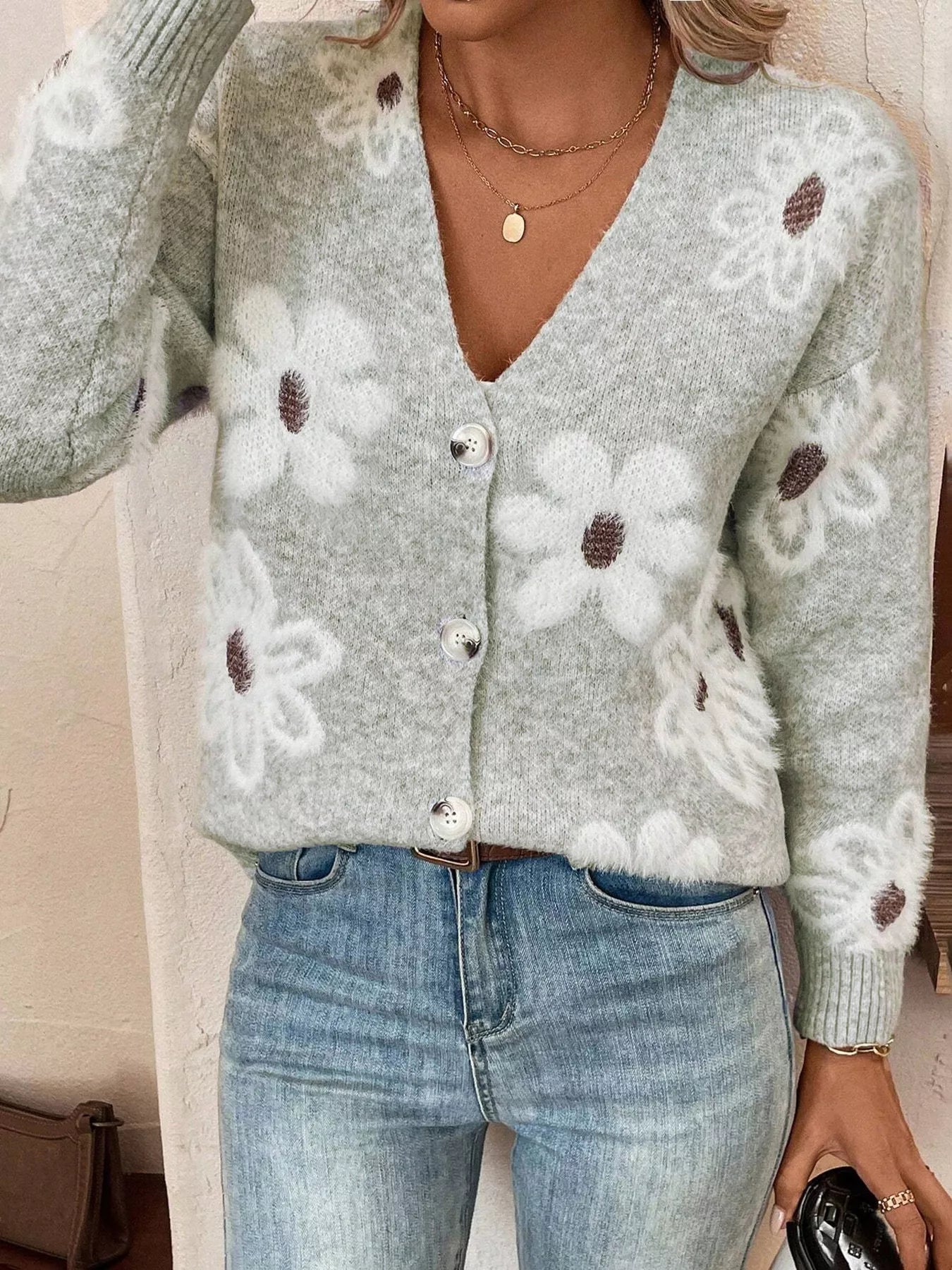Floral Print Button-Up Knit Cardigan nicholesgifts