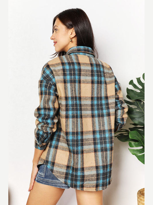 Double Take Plaid Curved Hem Shirt Jacket with Breast Pockets nicholesgifts