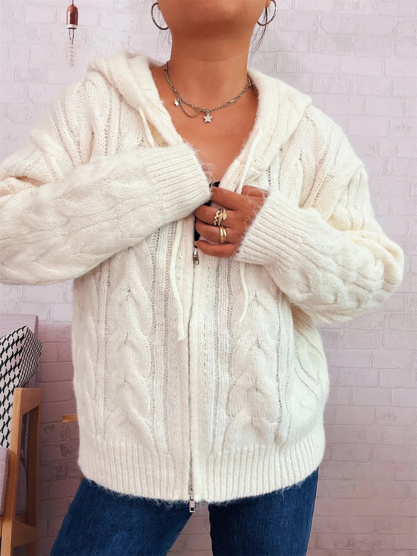 Cable Knit Hooded Zip-Up Cardigan