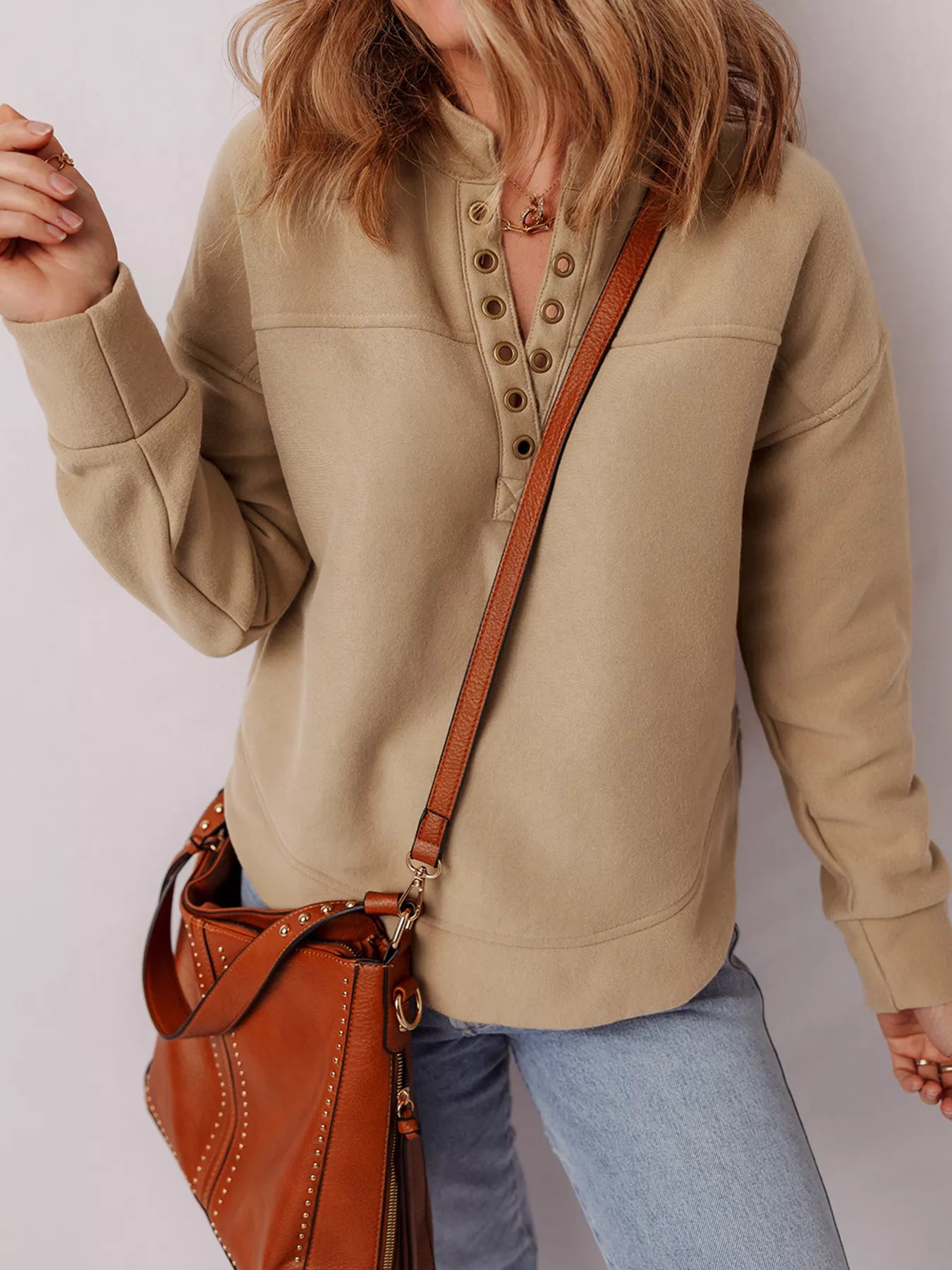 Grommet Detail V Neck Sweatshirt nicholesgifts