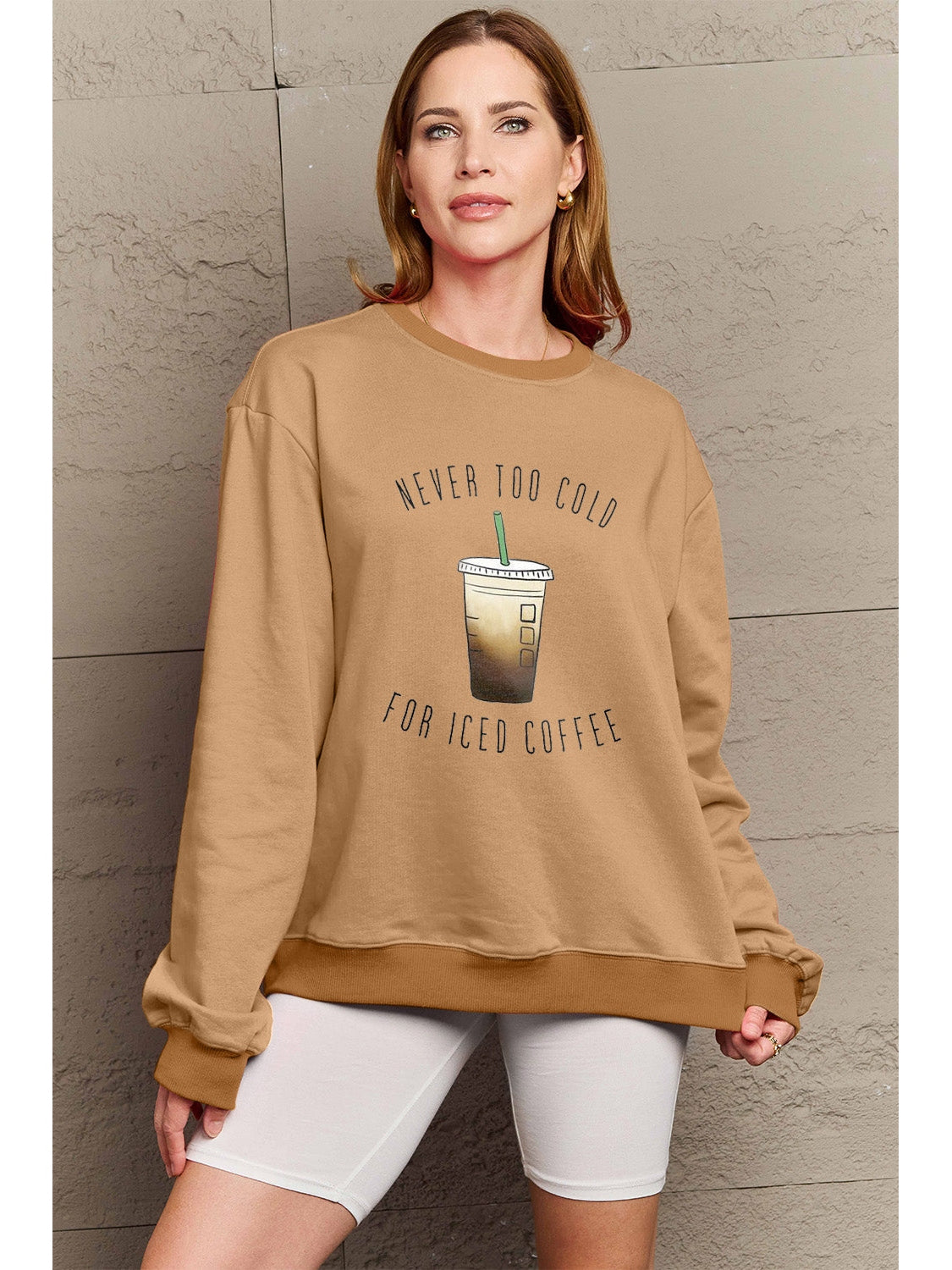 Women Simply Love Full Size Never Too Cold For Iced Coffee Round Neck Sweatshirt nicholesgifts