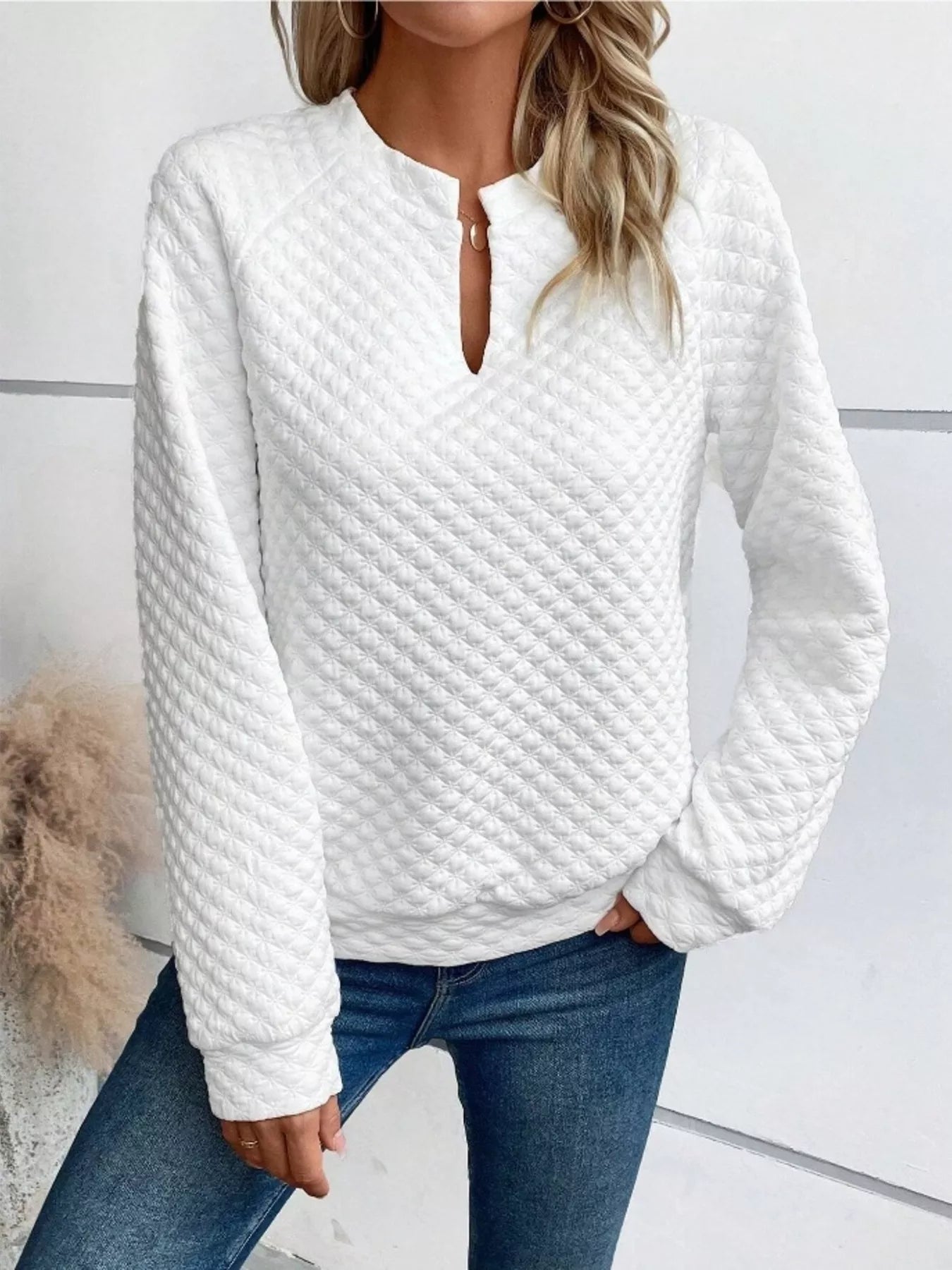 Notched Raglan Sleeve Sweatshirt Trendsi