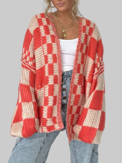 Women Plaid Open Front Long Sleeve Cardigan Sweater nicholesgifts