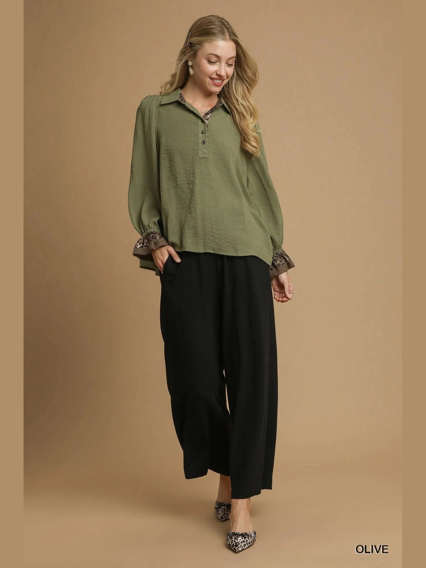 Umgee Half Button Blouse with Leopard Print Trim NicholesGifts