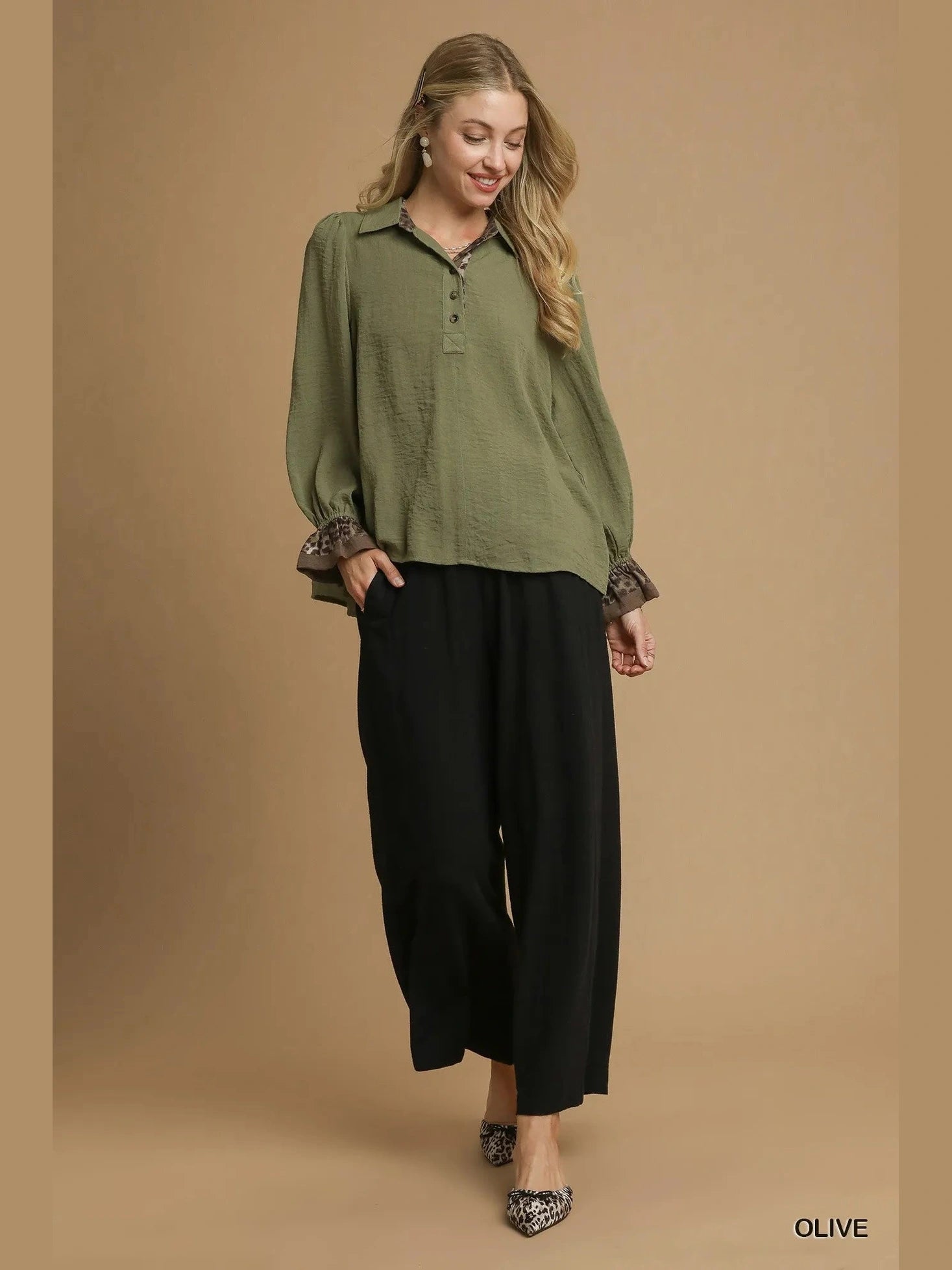 Umgee Half Button Blouse with Leopard Print Trim NicholesGifts