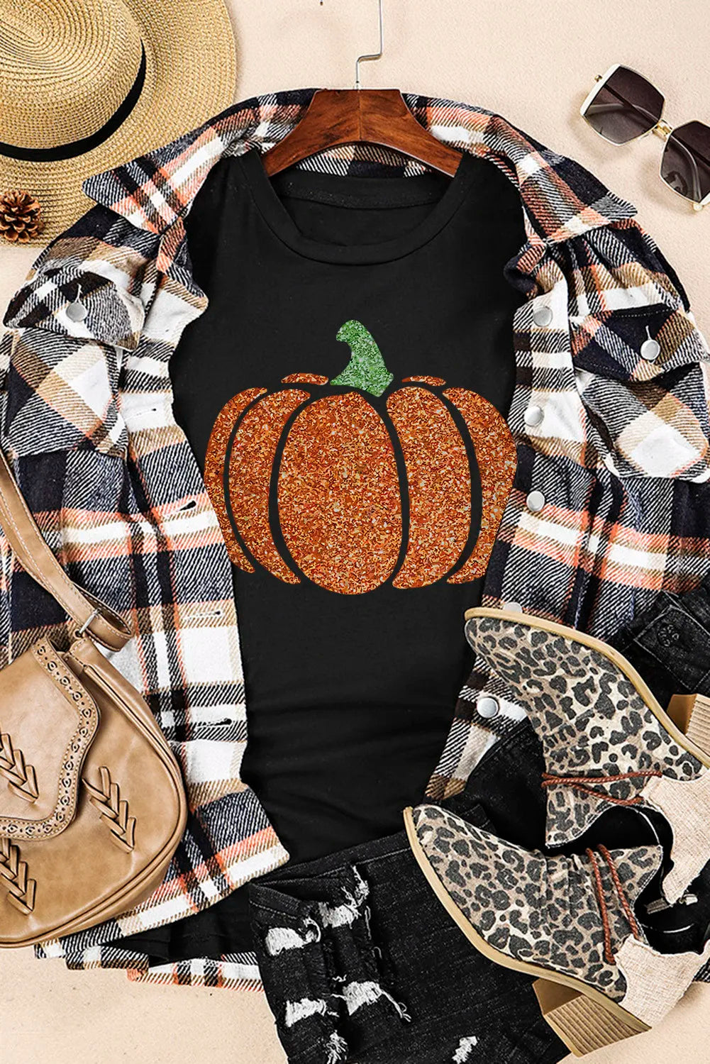 Glitter Pumpkin Round Neck Short Sleeve T-Shirt NicholesGifts