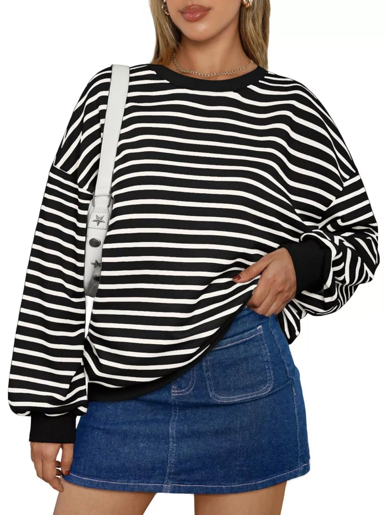 Striped Round Neck Oversized Casual Sweatshirt Trendsi