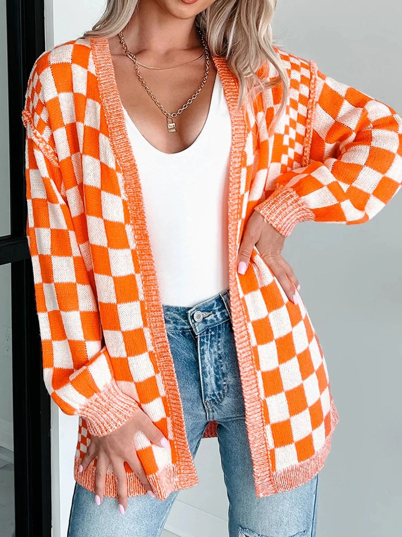 Checkered Pattern Open Front Cardigan Trendsi