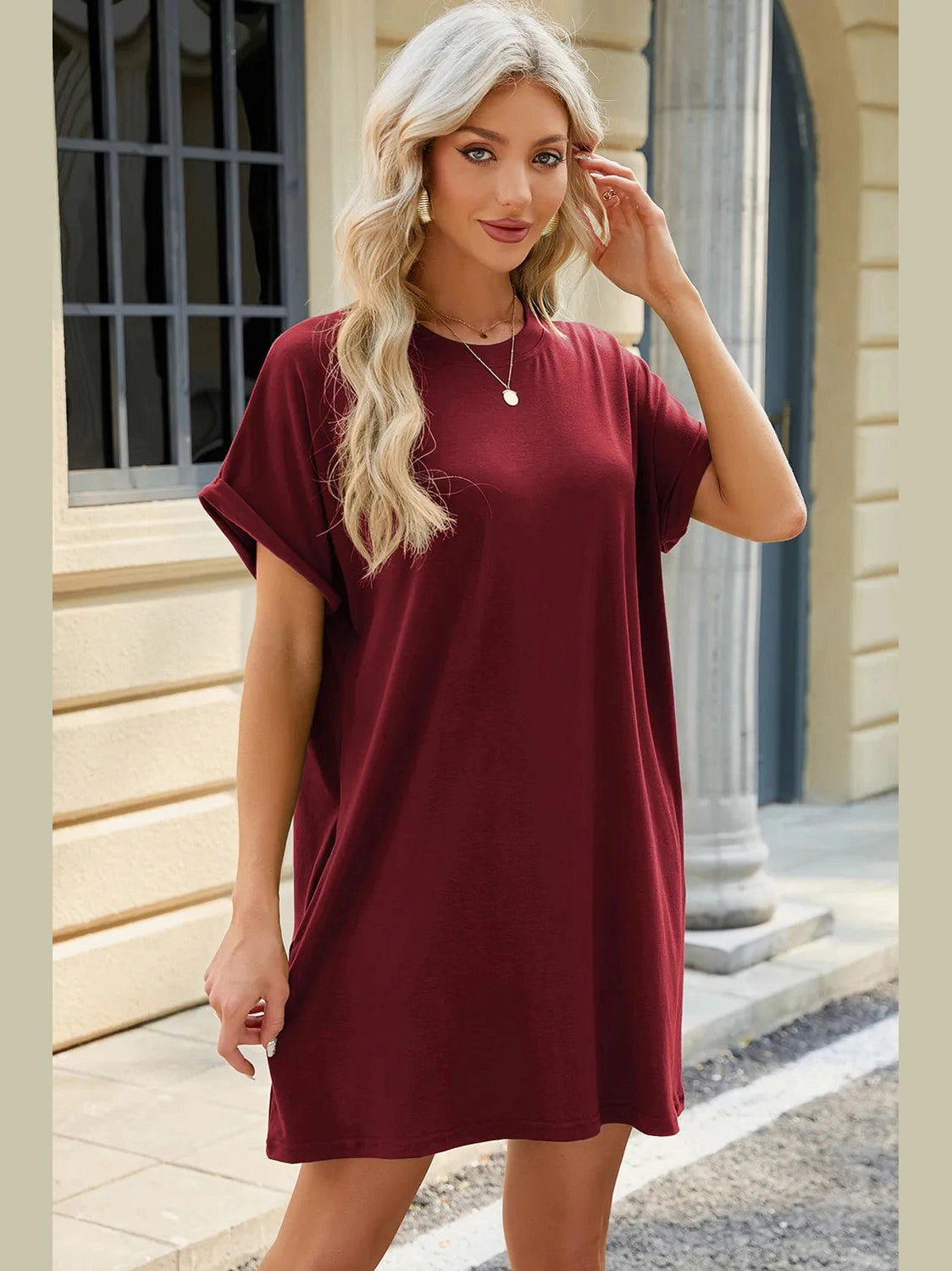 Round Neck Rolled Short Sleeve Tee Dress nicholesgifts