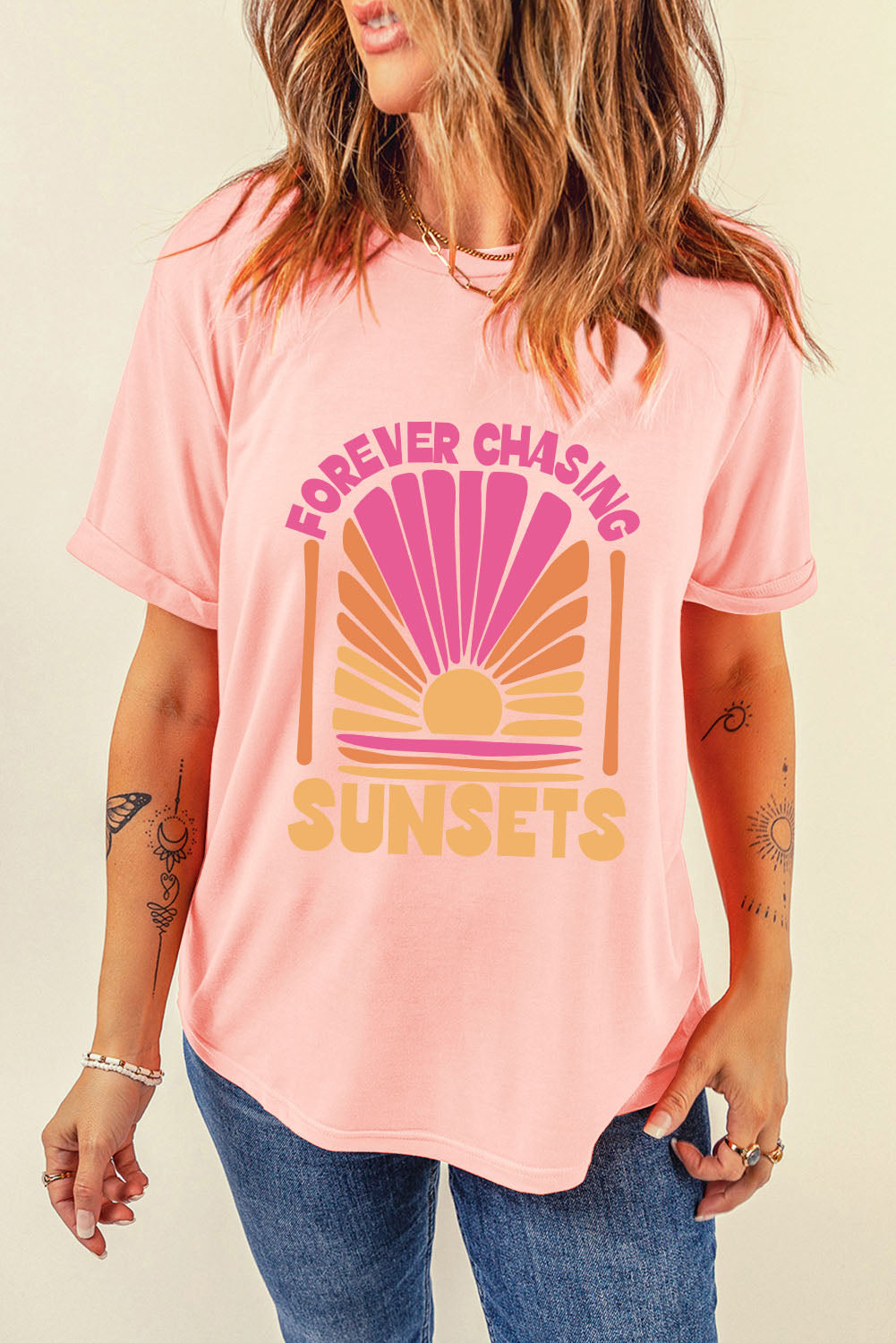 Women Forever Chasing Sunsets Round Neck T-Shirt - NicholesGifts.online