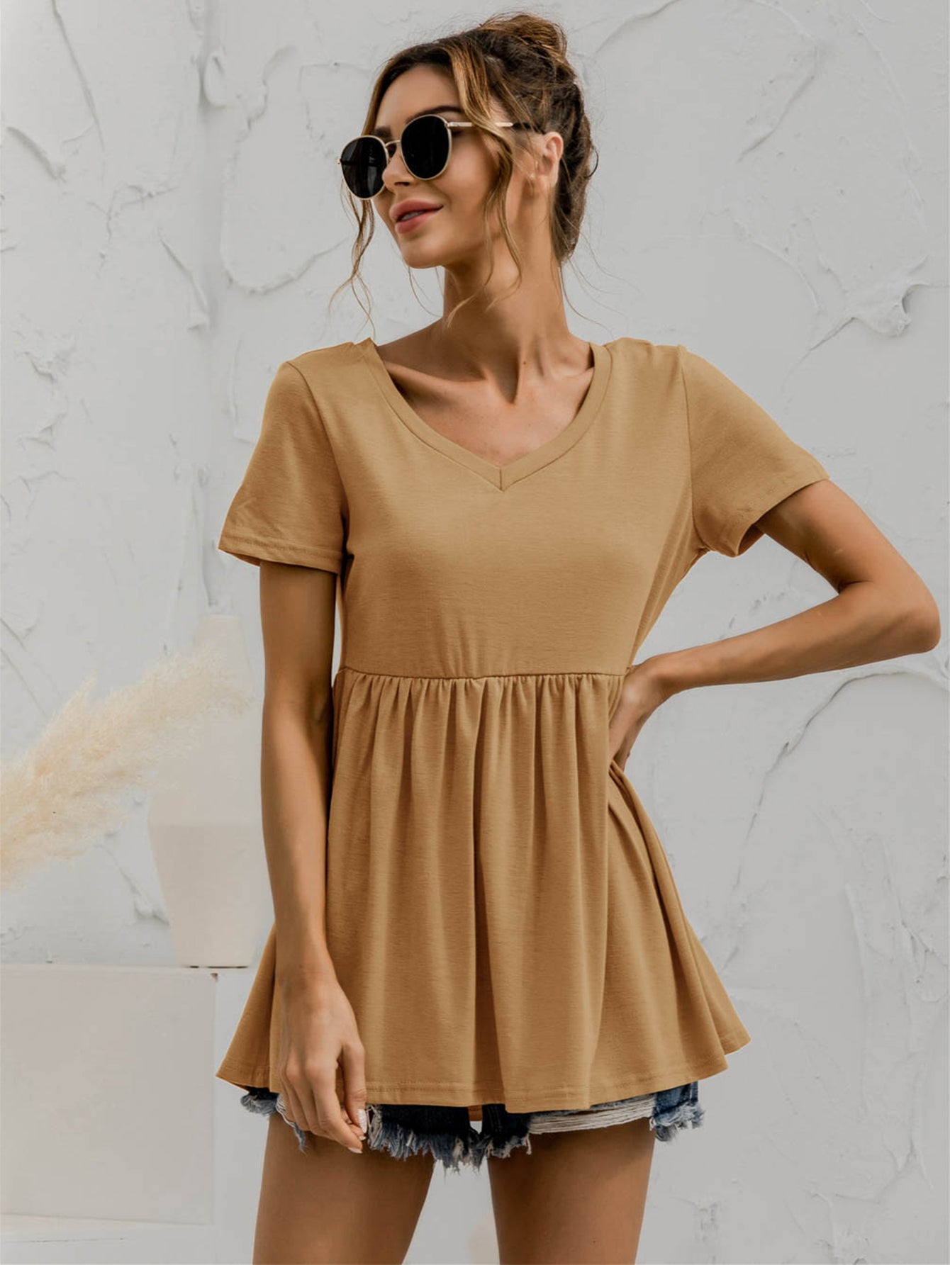 V-Neck Short Sleeve Babydoll Top NicholesGifts