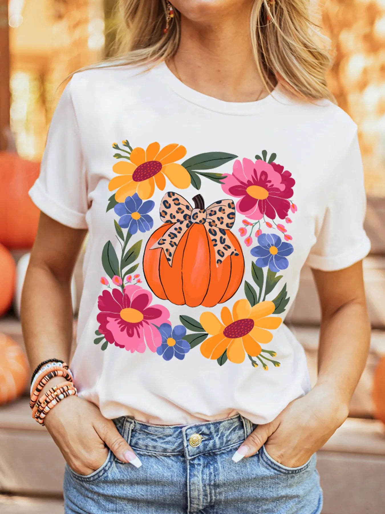 Pumpkin Floral Graphic Round Neck T-Shirt Trendsi