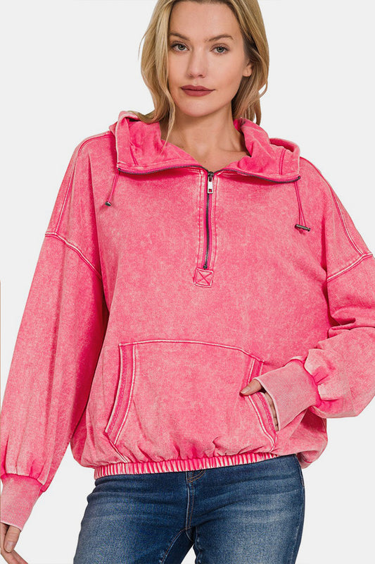 Zenana Drawstring Half Zip Dropped Shoulder Hoodie nicholesgifts