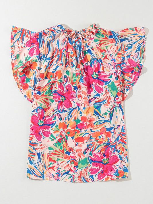 Women Ruffled Printed Tie Neck Cap Sleeve Blouse nicholesgifts