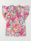 Women Ruffled Printed Tie Neck Cap Sleeve Blouse nicholesgifts
