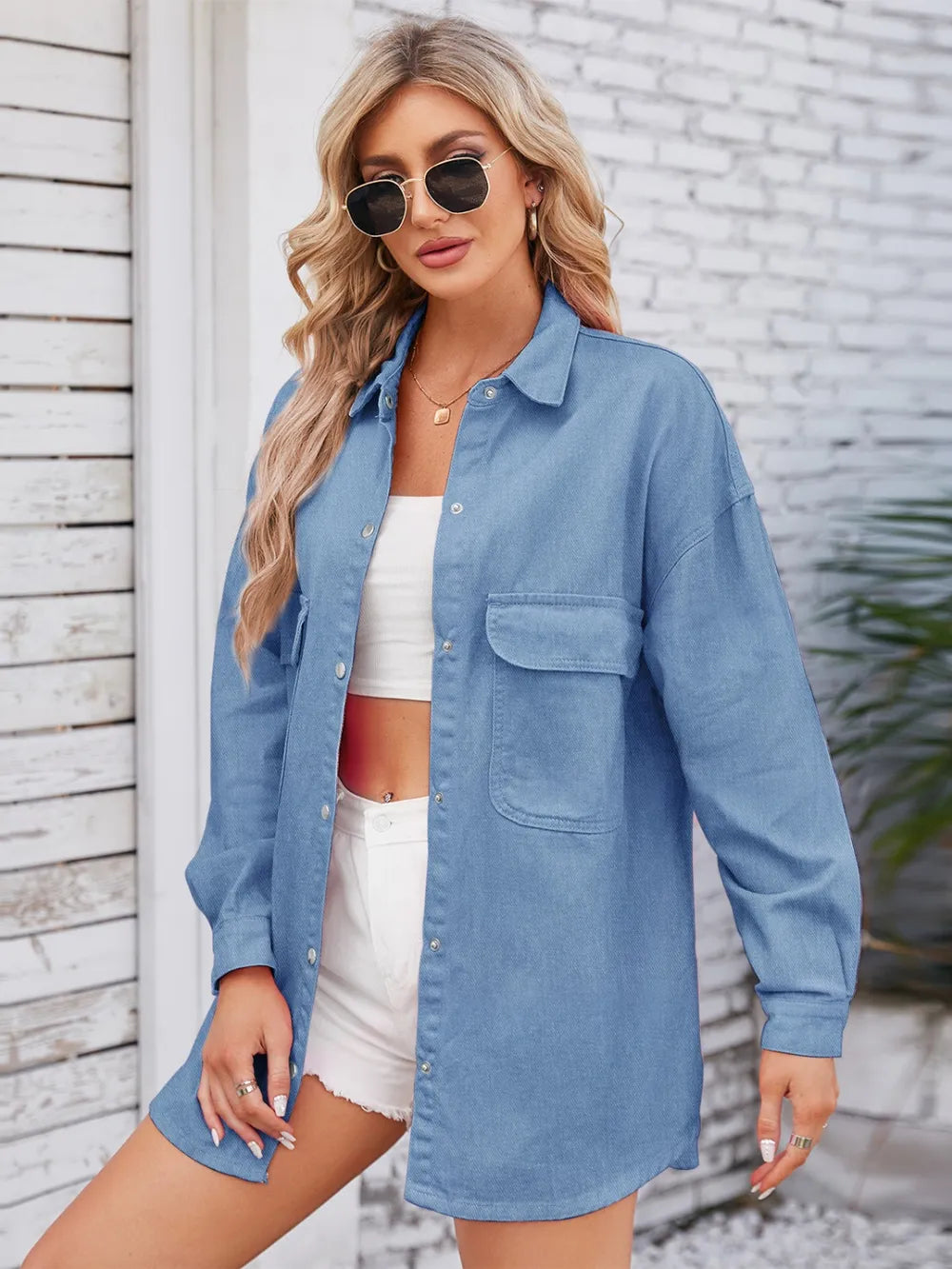 Pocketed Snap Down Dropped Shoulder Denim Shacket nicholesgifts