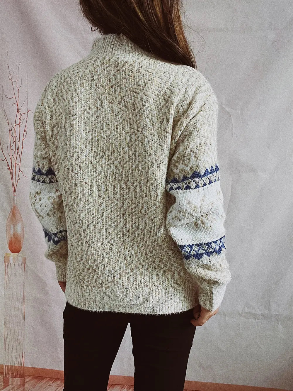 Geometric Mock Neck Dropped Shoulder Sweater Trendsi