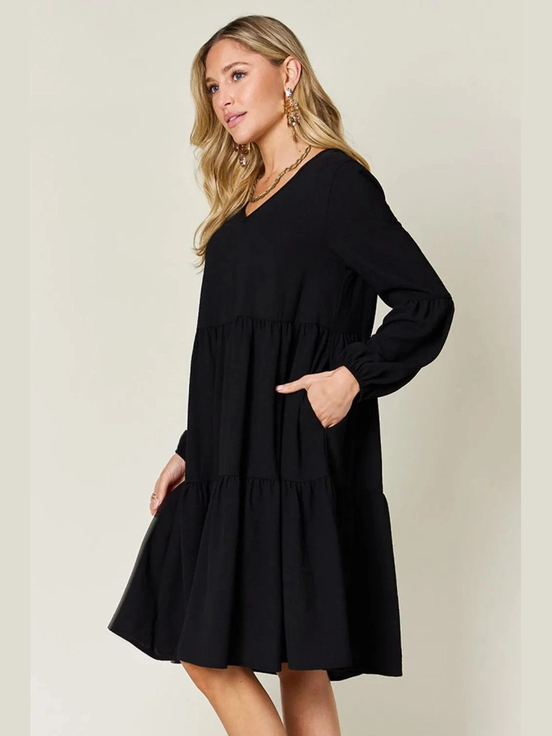 Double Take Full Size V-Neck Balloon Sleeve Tiered Dress with Pockets nicholesgifts
