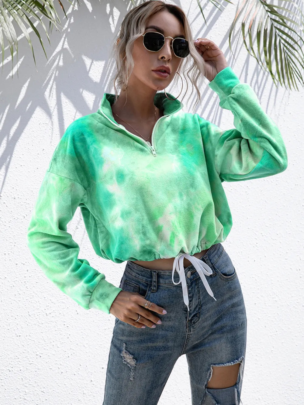 Ivy Lane Tie-Dye Quarter Zip Dropped Shoulder Sweatshirt Trendsi